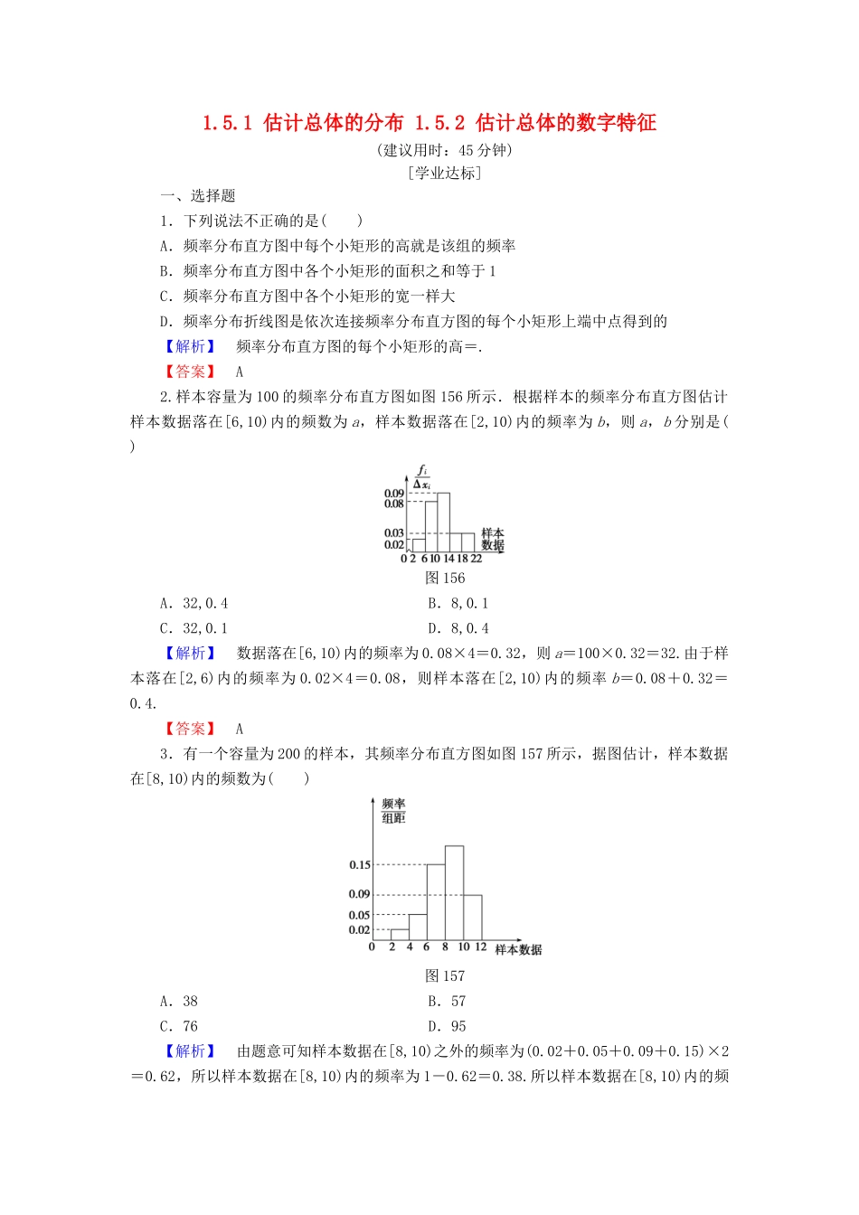 高中数学 第一章 统计 1.5.1 估计总体的分布 1.5.2 估计总体的数字特征学业分层测评 北师大版必修3-北师大版高一必修3数学试题_第1页