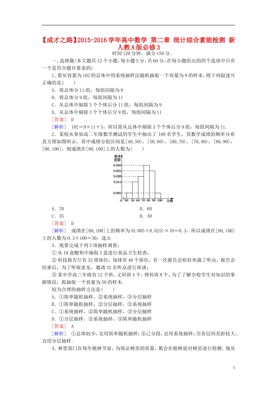 高中数学 第二章 统计综合素能检测 新人教A版必修3-新人教A版高一必修3数学试题_第1页