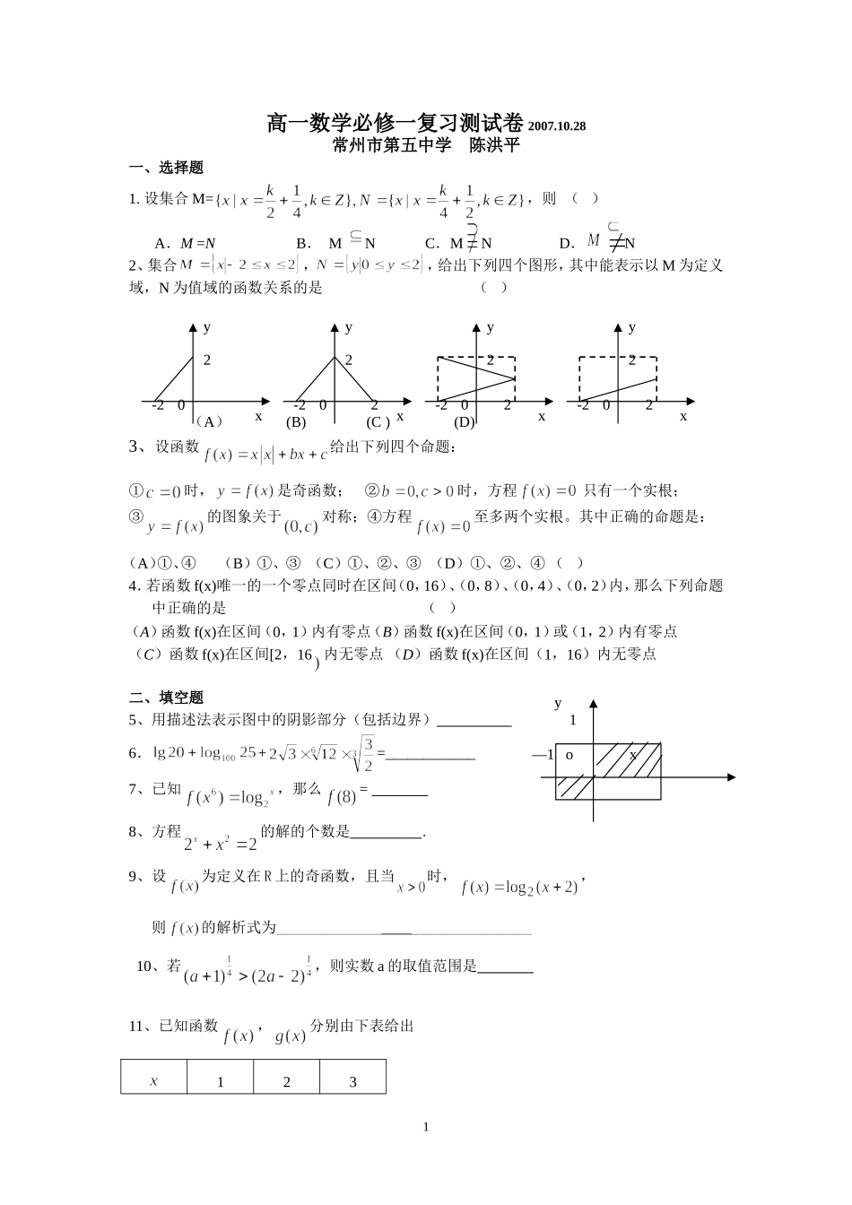 苏教版高一数学必修一复习测试卷_第1页