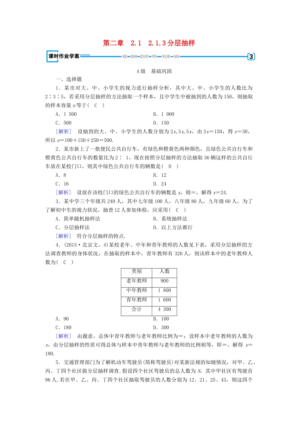 高中数学 第二章 统计 2.1 随机抽样 2.1.3 分层抽样课时作业 新人教B版必修3-新人教B版高一必修3数学试题_第1页