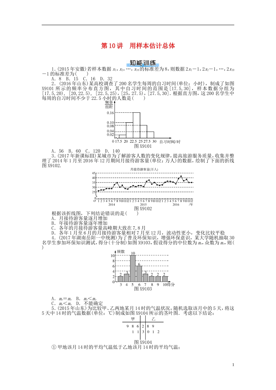 高考数学一轮复习 第九章 概率与统计 第10讲 用样本估计总体课时作业 理-人教版高三全册数学试题_第1页