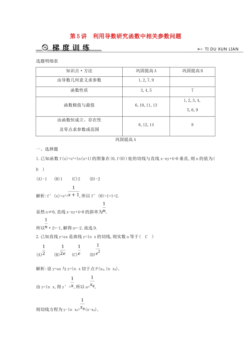 高考数学二轮复习 专题四 函数概念、基本初等函数及导数 第5讲 利用导数研究函数中相关参数问题梯度训练（含解析）新人教A版-新人教A版高三全册数学试题_第1页
