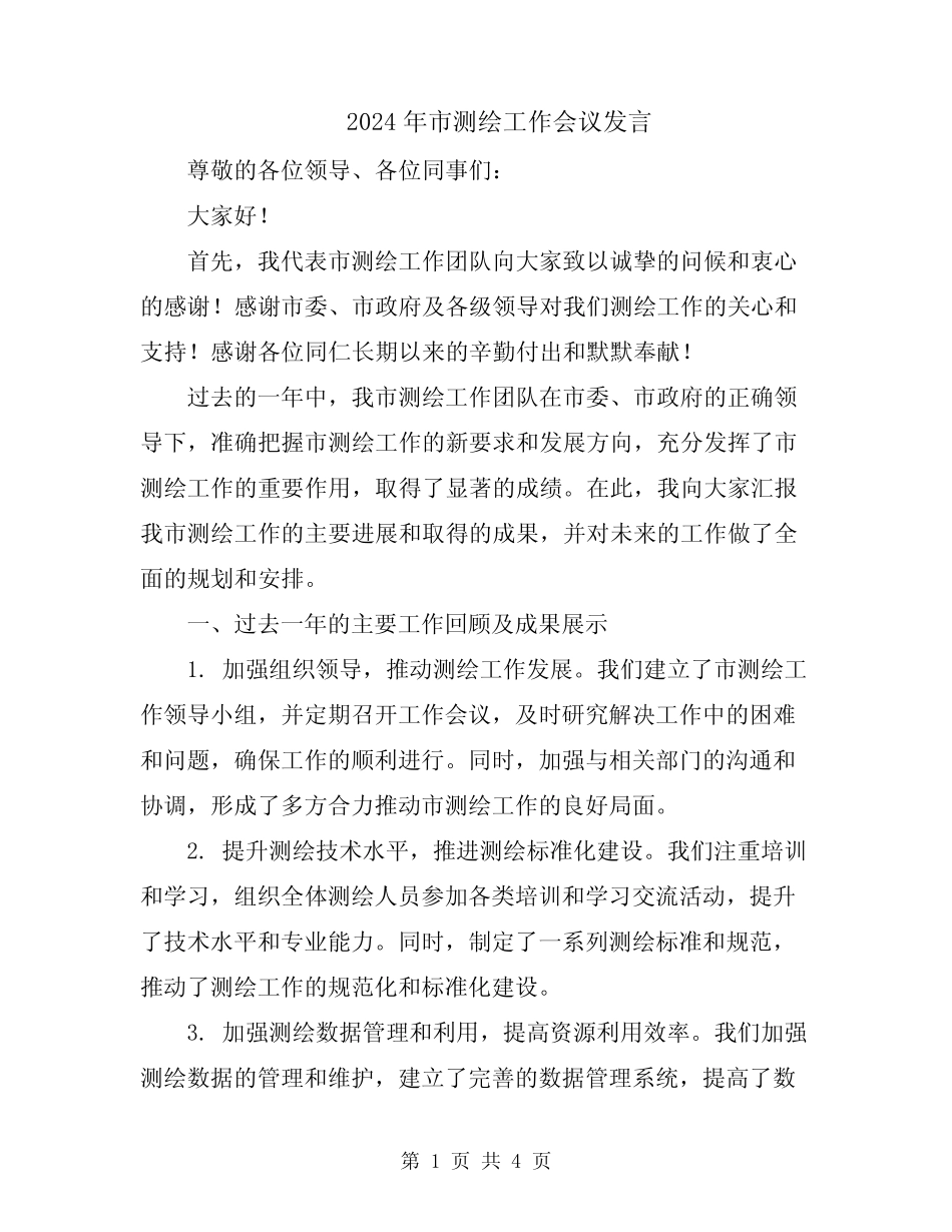 2024年市测绘工作会议发言_第1页