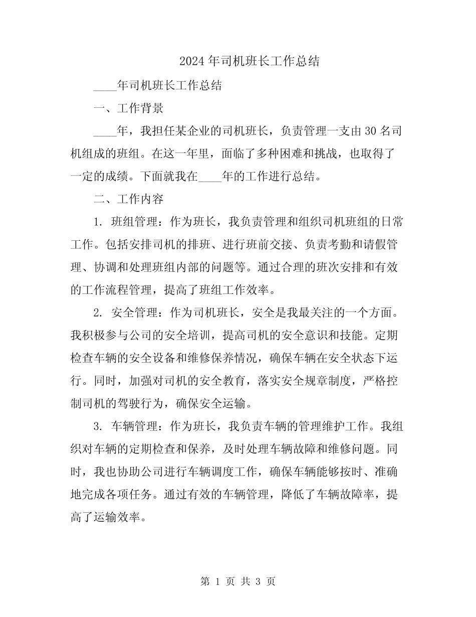 2024年司机班长工作总结_第1页