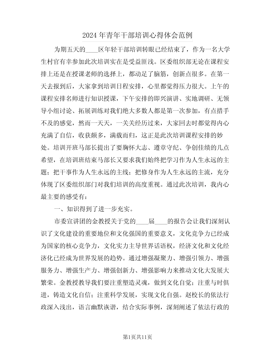 2024年青年干部培训心得体会范例(六篇)_第1页