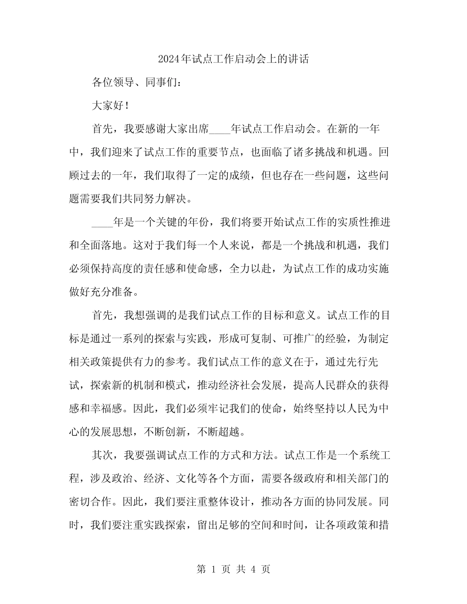 2024年试点工作启动会上的讲话(2篇)_第1页