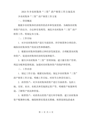 2024年乡农村集体“三资”清产核资工作方案范本