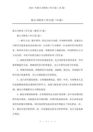 2024年新公司财务工作计划(18篇) 