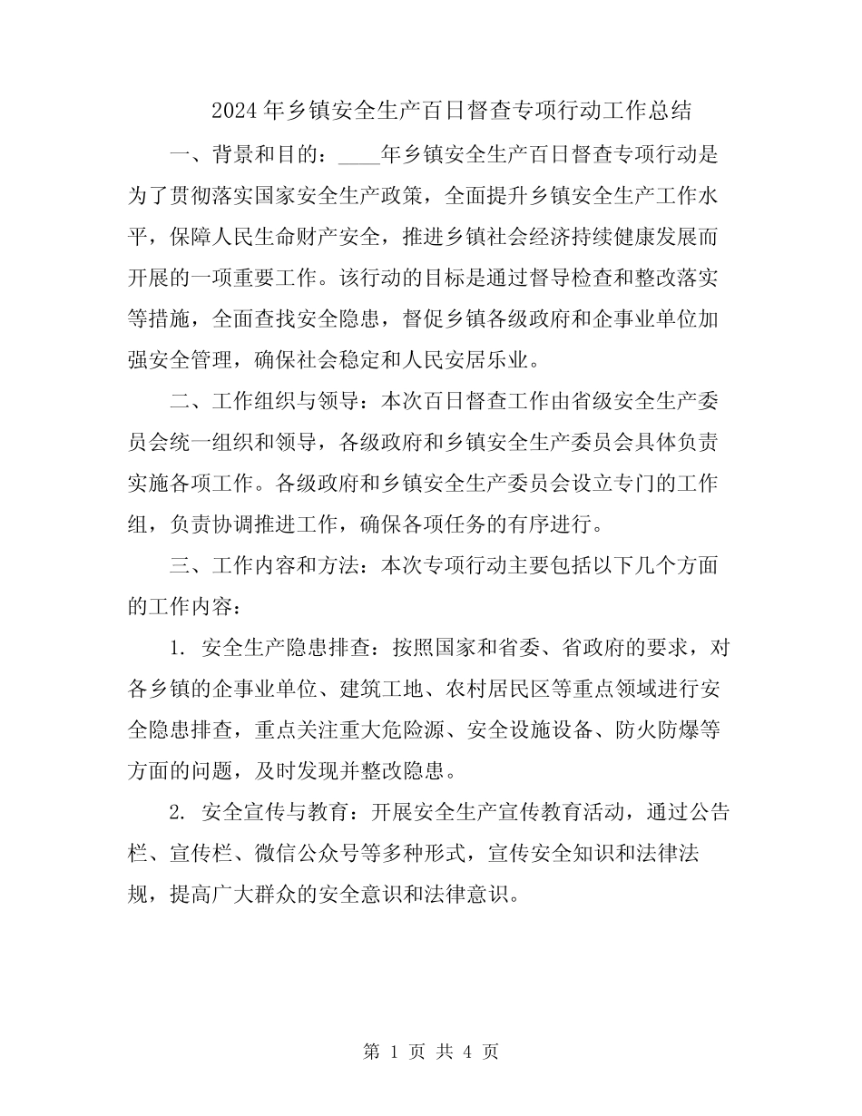 2024年乡镇安全生产百日督查专项行动工作总结_第1页