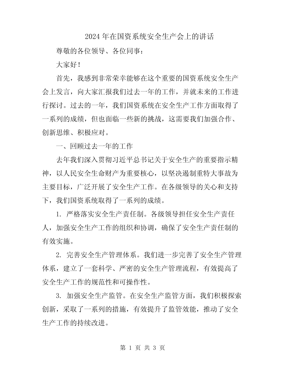 2024年在国资系统安全生产会上的讲话 _第1页