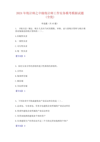 2024年统计师之中级统计师工作实务模考模拟试题(全优) 