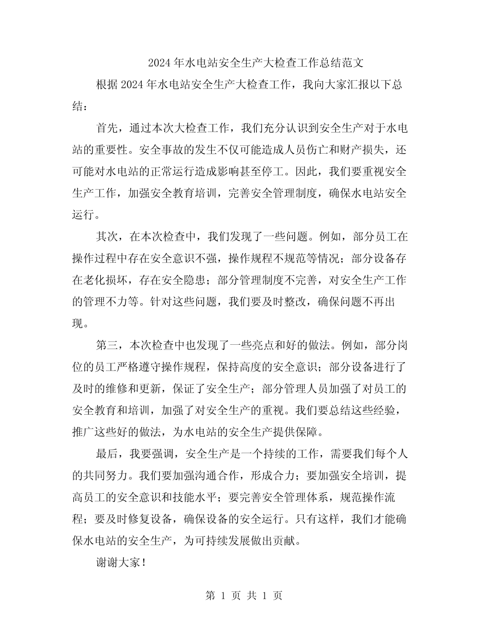 2024年水电站安全生产大检查工作总结范文_第1页