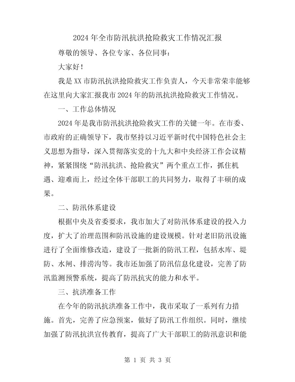 2024年全市防汛抗洪抢险救灾工作情况汇报_第1页