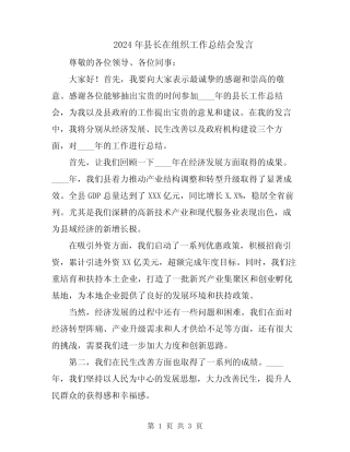 2024年县长在组织工作总结会发言 