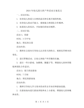 2024年幼儿园大班户外活动方案范文 