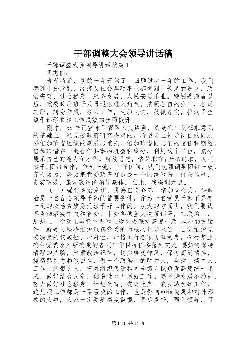 干部调整大会领导讲话发言稿_第1页