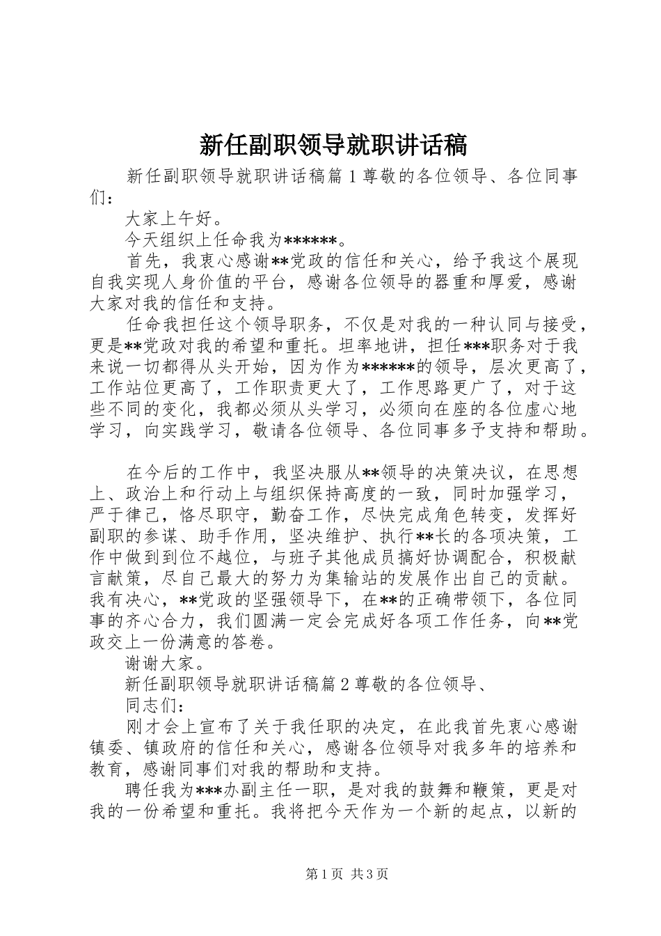 新任副职领导就职讲话发言稿_第1页