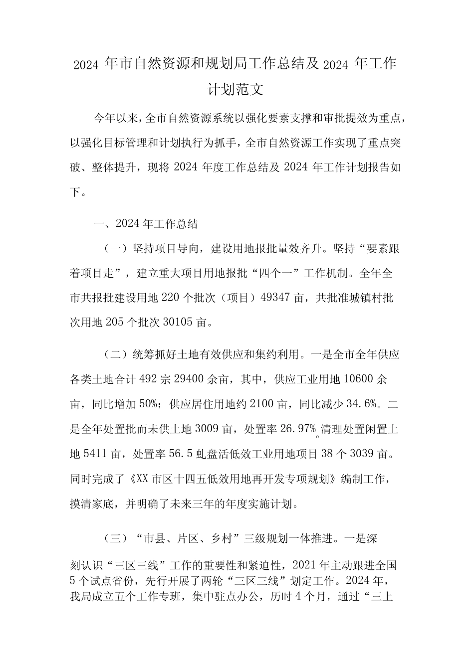 2024年市自然资源和规划局工作总结及2024年工作计划范文 _第1页