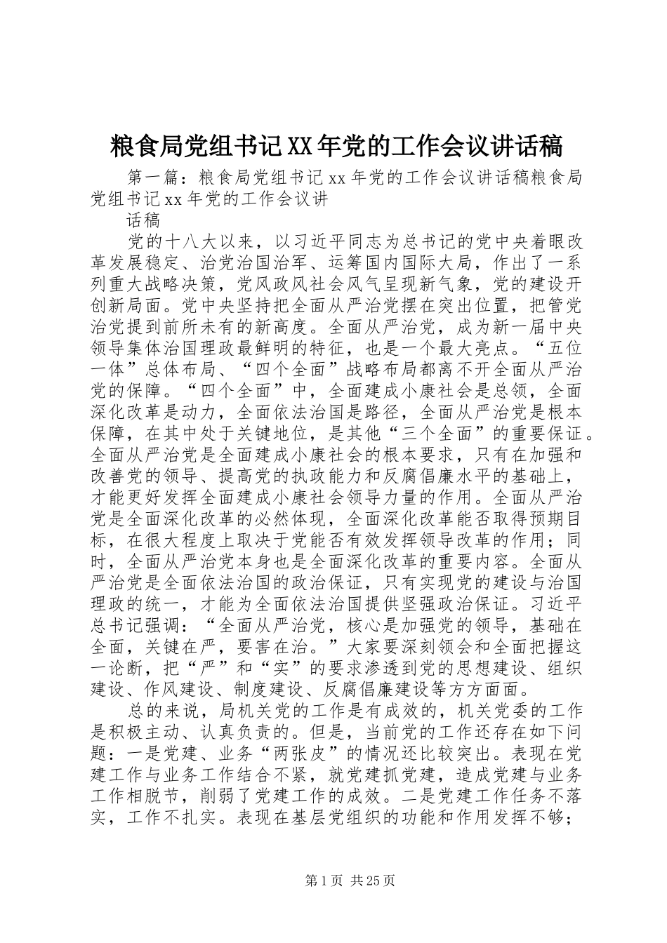 粮食局党组书记XX年党的工作会议讲话发言稿_第1页