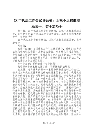 XX年执法工作会议讲话发言稿：正视不足找准差距苦干、实干加巧干