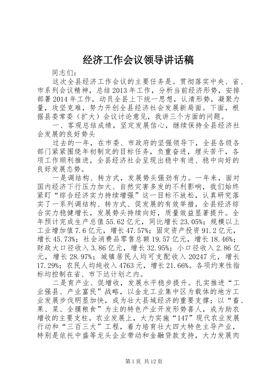 经济工作会议领导讲话发言稿_第1页