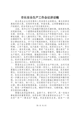 市长安全生产工作会议讲话发言稿