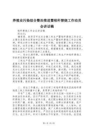 养殖业污染综合整治推进暨秸秆禁烧工作动员会的讲话发言稿
