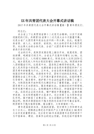 XX年共青团代表大会开幕式讲话发言稿