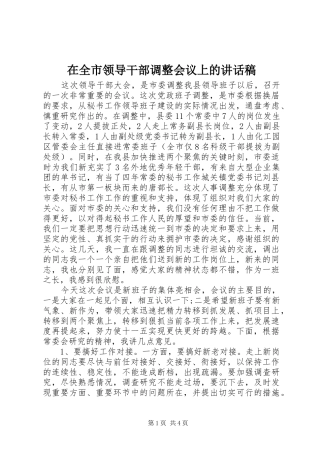 在全市领导干部调整会议上的讲话发言稿