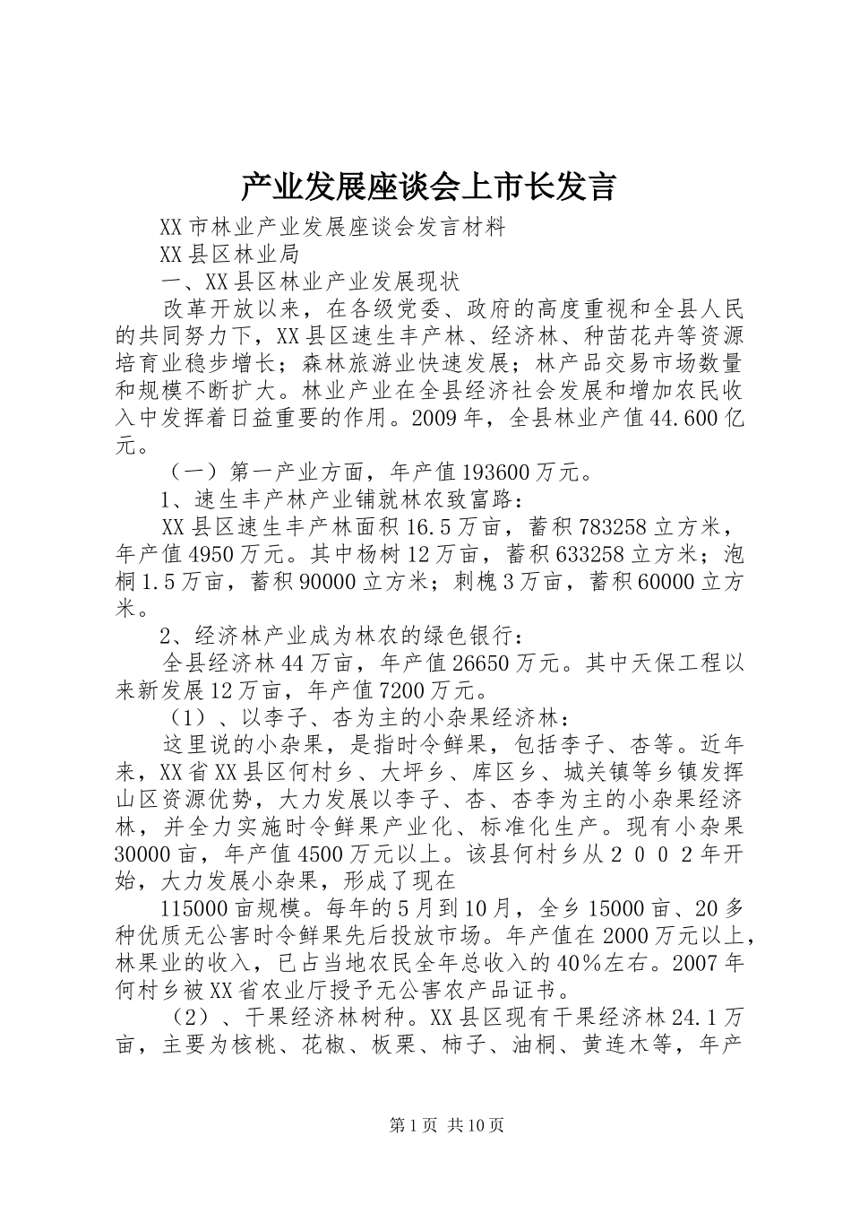 产业发展座谈会上市长发言稿_第1页