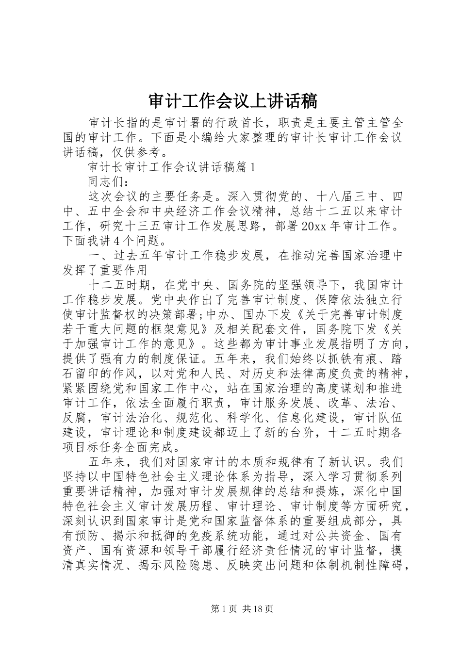 审计工作会议上讲话发言稿_第1页