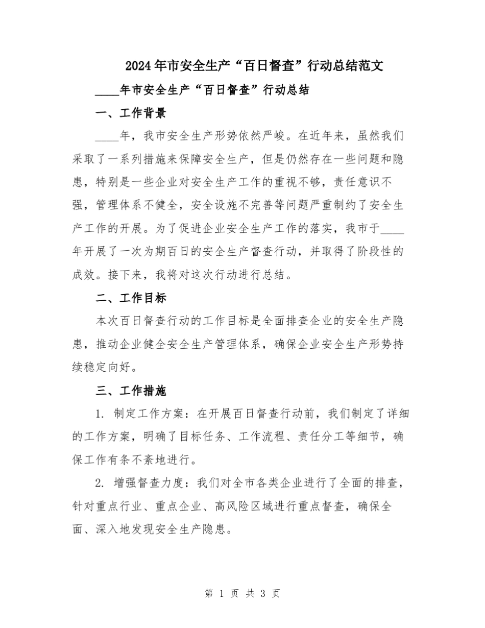 2024年市安全生产“百日督查”行动总结范文_第1页