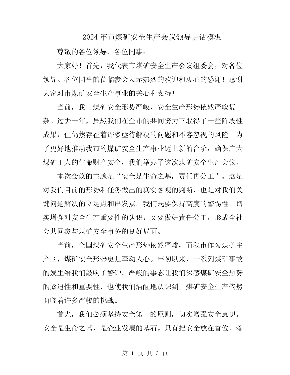 2024年市煤矿安全生产会议领导讲话模板 _第1页