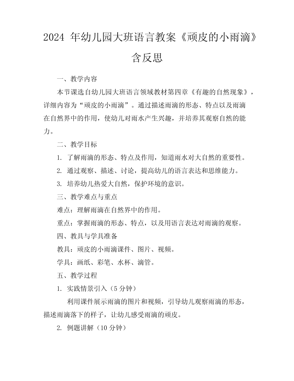 2024年幼儿园大班语言教案《顽皮的小雨滴》含反思 _第1页
