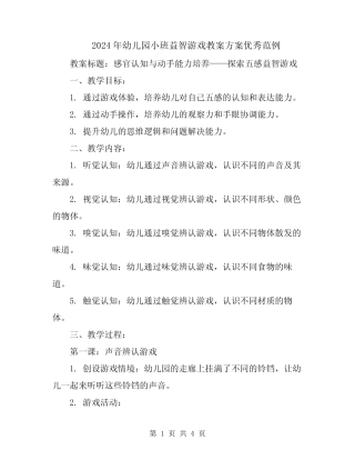 2024年幼儿园小班益智游戏教案方案优秀范例 