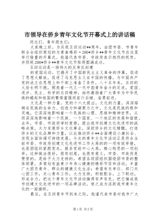 市领导在侨乡青年文化节开幕式上的讲话发言稿