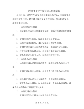 2024年小学年度安全工作计划表 