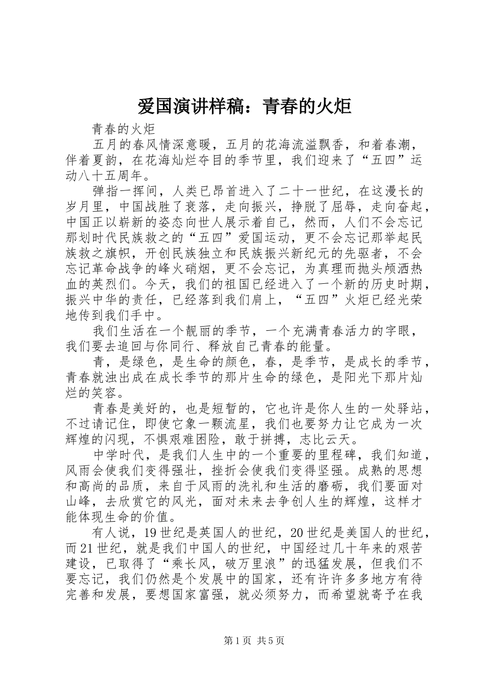 爱国演讲稿样稿：青春的火炬_第1页