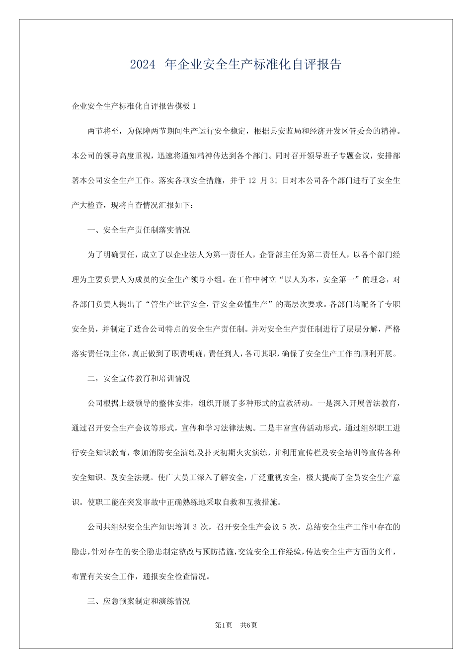 2024年企业安全生产标准化自评报告_第1页