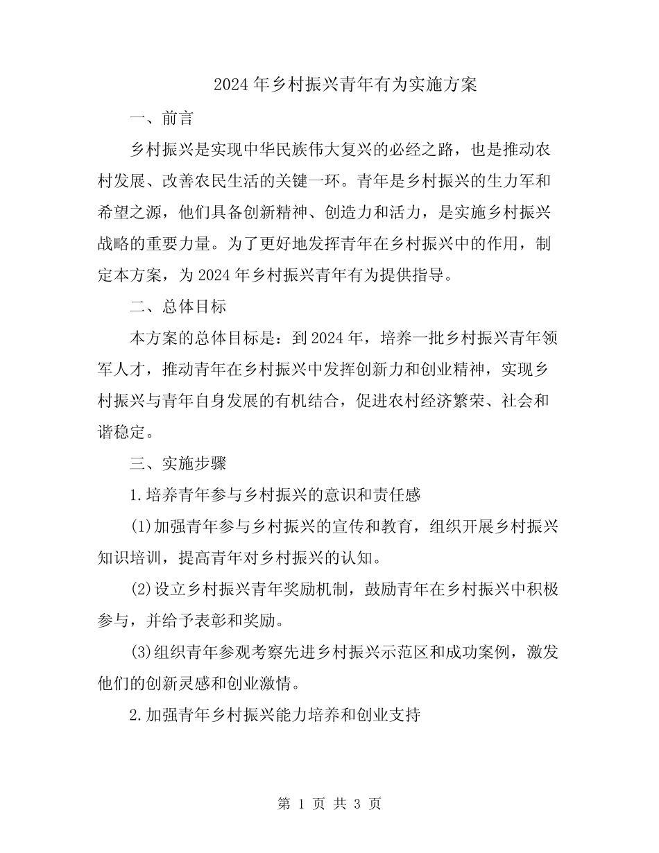 2024年乡村振兴青年有为实施方案 _第1页