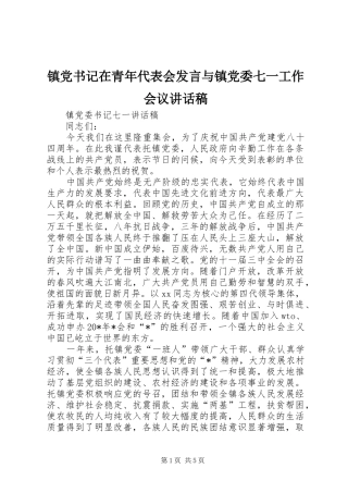 镇党书记在青年代表会发言与镇党委七一工作会议的讲话发言稿