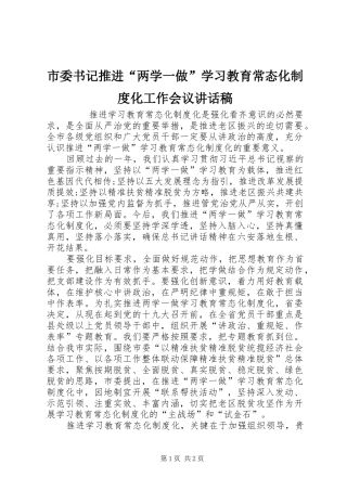 市委书记推进“两学一做”学习教育常态化制度化工作会议讲话发言稿