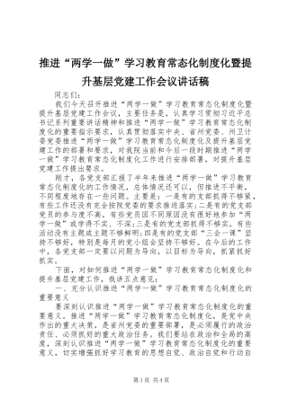 推进“两学一做”学习教育常态化制度化暨提升基层党建工作会议讲话发言稿