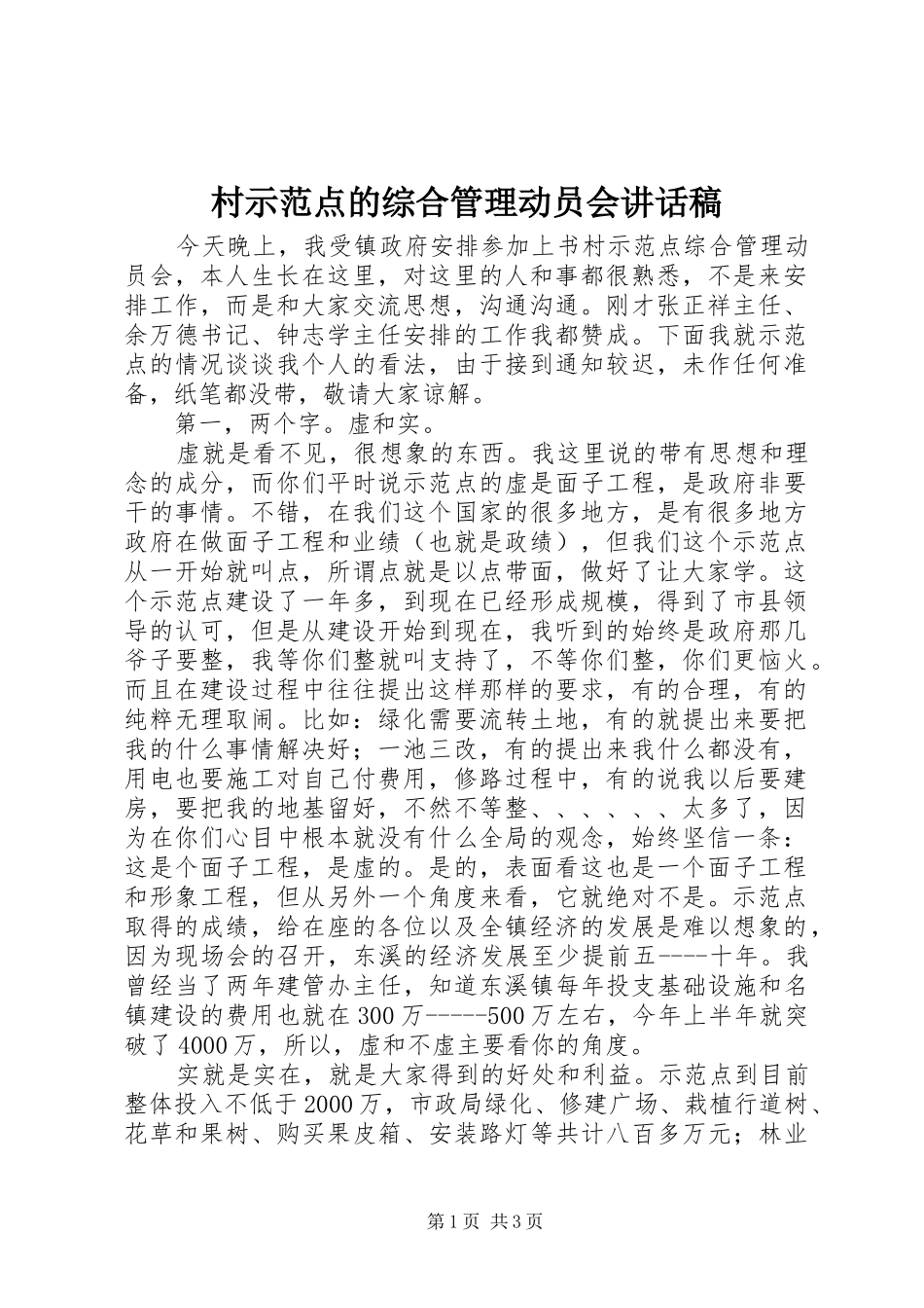 村示范点的综合管理动员会讲话发言稿_第1页