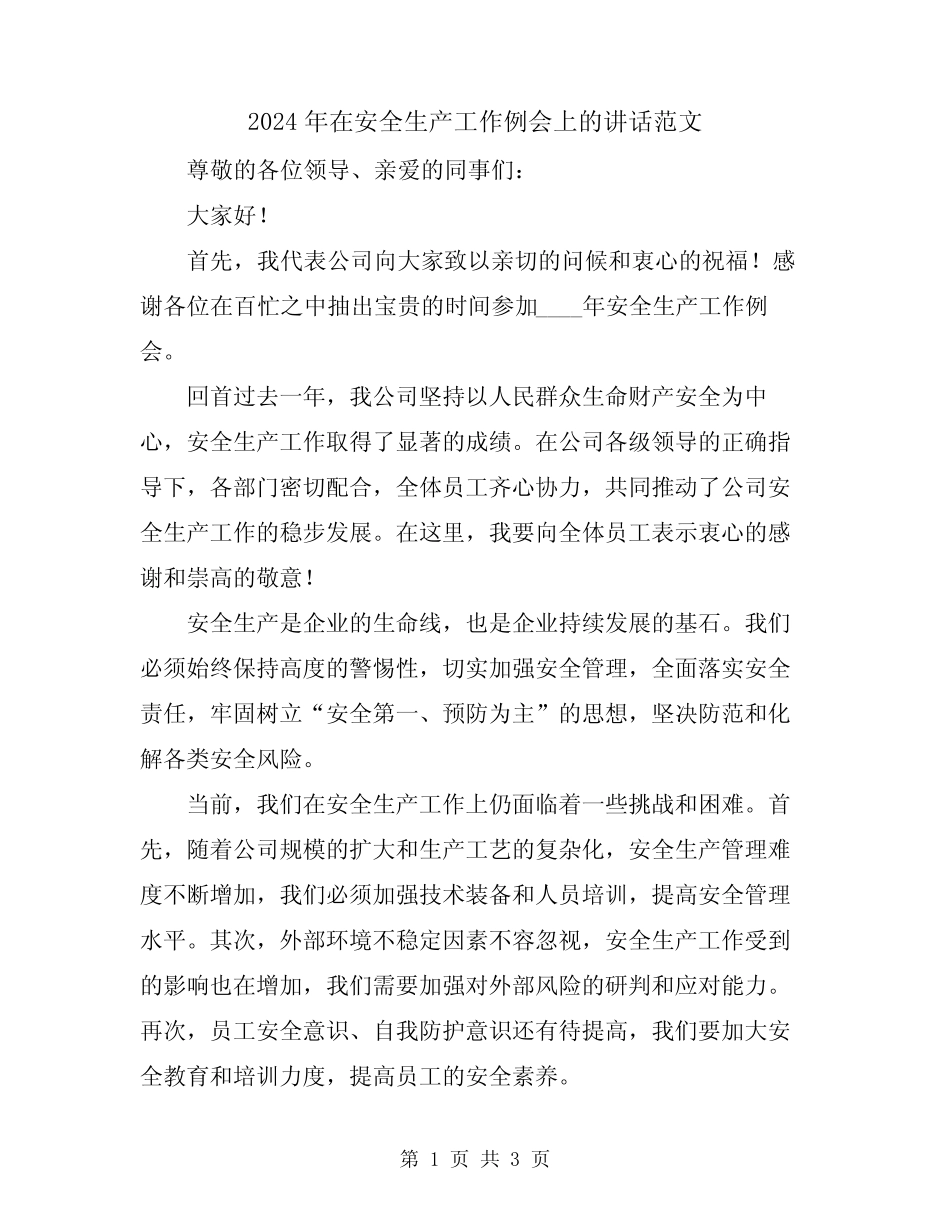 2024年在安全生产工作例会上的讲话范文 _第1页