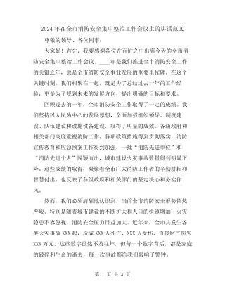 2024年在全市消防安全集中整治工作会议上的讲话范文 