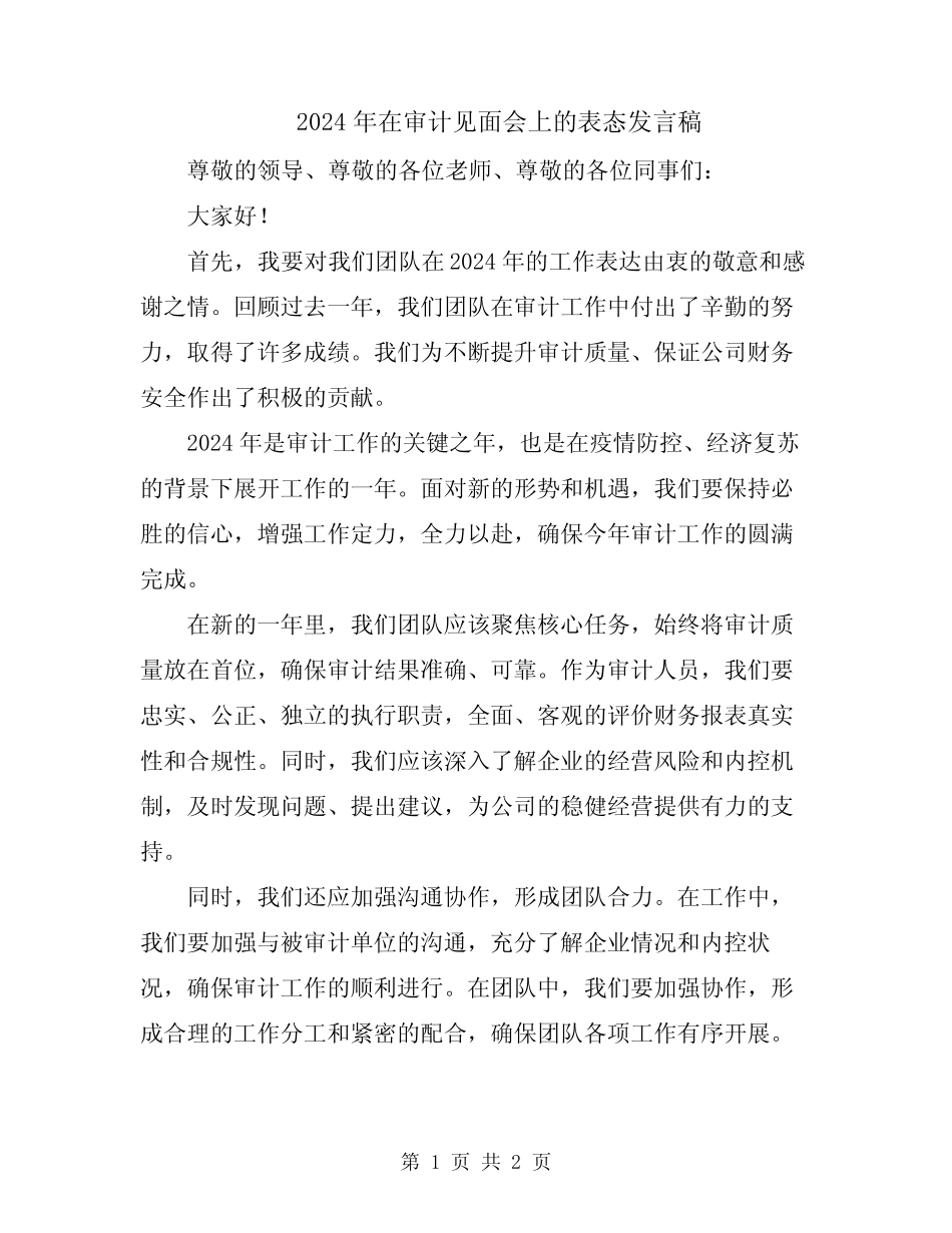 2024年在审计见面会上的表态发言稿_第1页