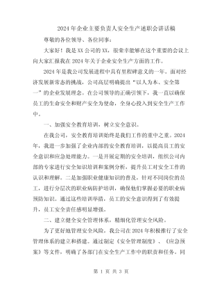 2024年企业主要负责人安全生产述职会讲话稿