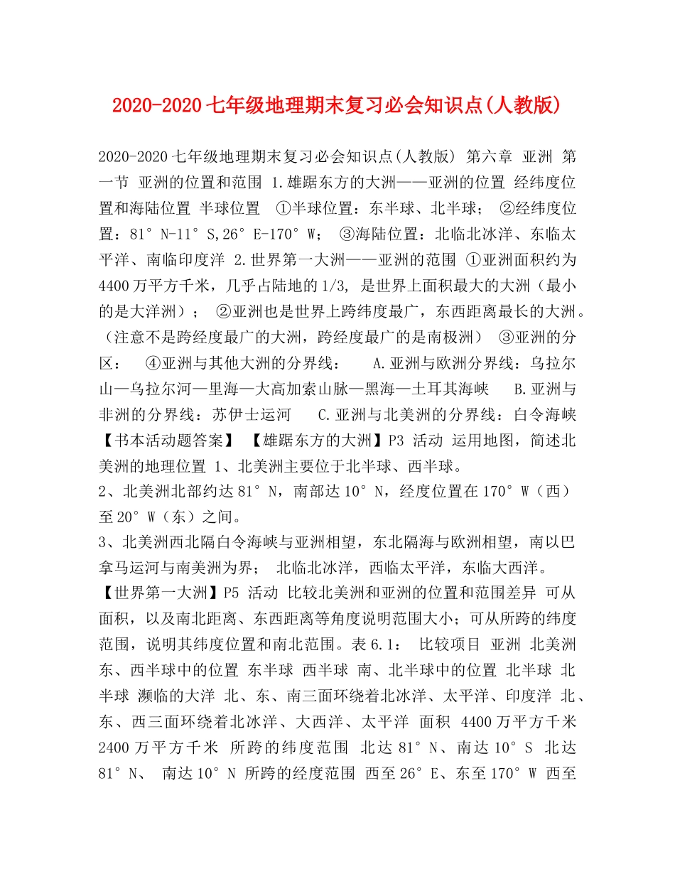 2024-2024七年级地理期末复习必会知识点(人教版) _第1页