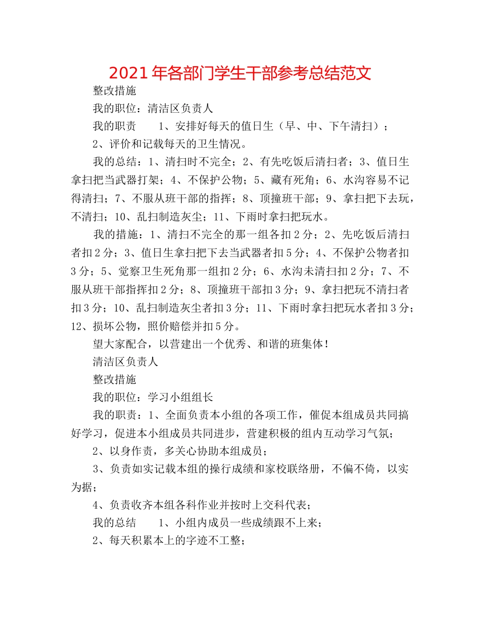 2024年各部门学生干部参考总结范文 _第1页